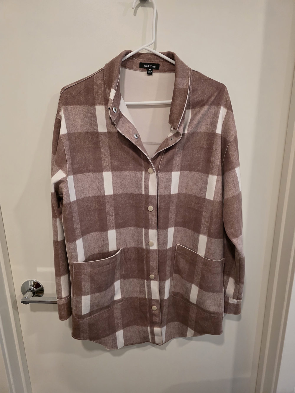Well Worn Mauve and White Plaid Button-Front Shirt Jacket
